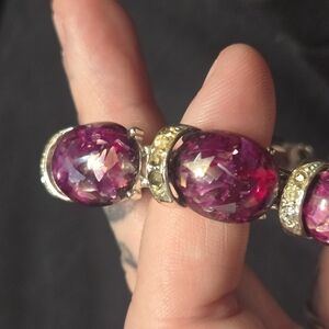Vtg Signed CORO Purple Thermoset Lucite Confetti Stone Wavy Silver Bracelet RARE